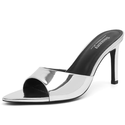 Susanny Mule Silver Heels for Women Pointed Open Toe Sexy Slip on High Heeled Sandals Stiletto Dress Comfortable Backless Mules Shoes Wedding Bridal Parties Vacation Casual Office Work Shoes 7.5 | Amazon (US)