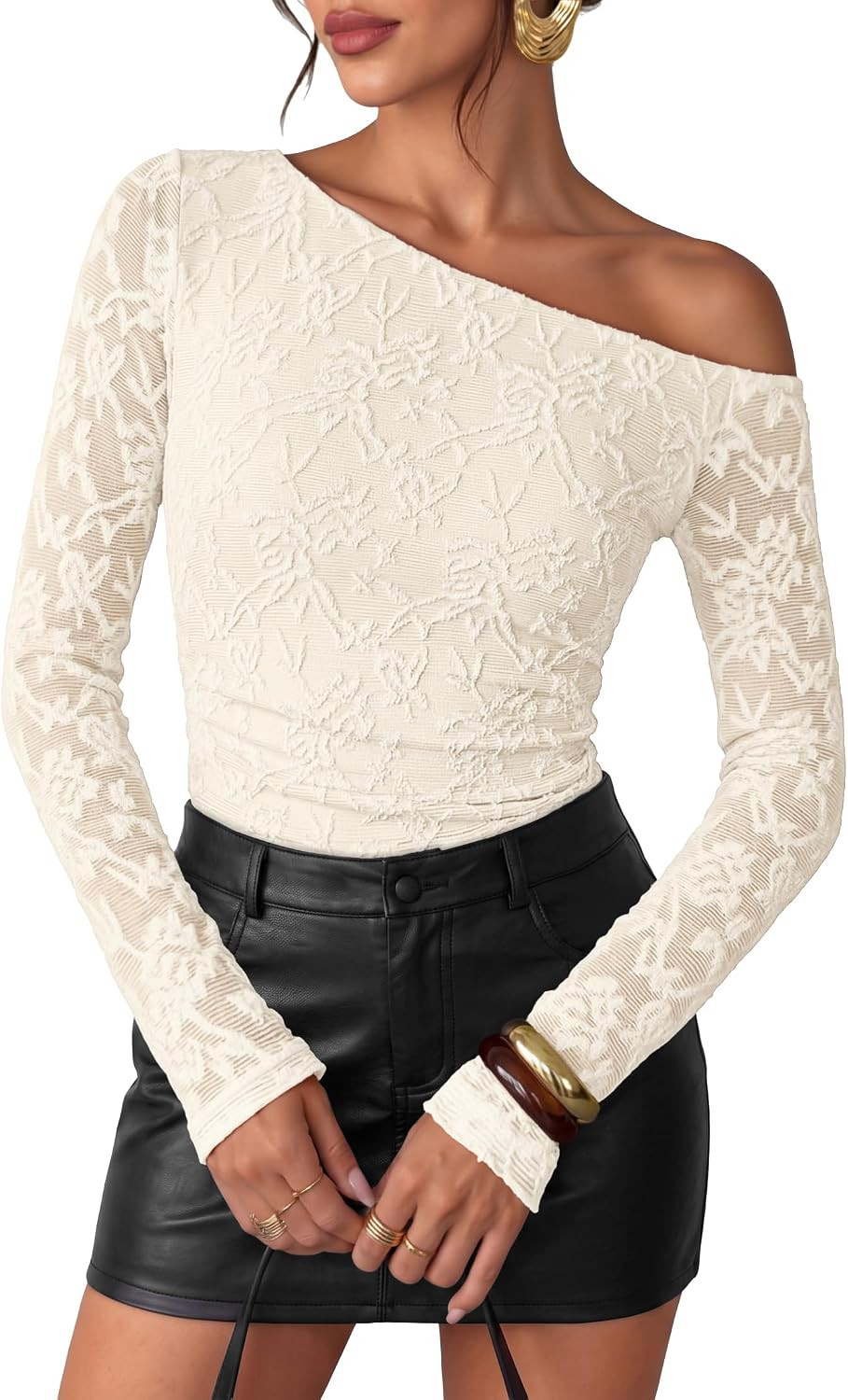 ZESICA Women's Off Shoulder Long Sleeve Lace Going Out Tops | Amazon (US)