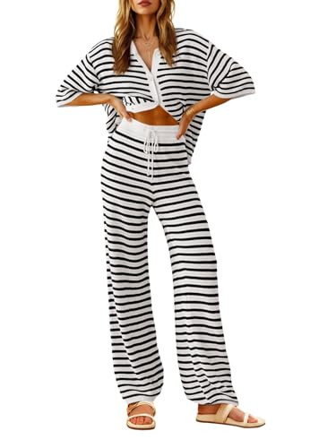 Tankaneo Womens Knit 2 Piece Lounge Sets Striped Short Sleeve Tops and Wide Leg Pants Travel Airport Vacation Outfits White | Amazon (US)