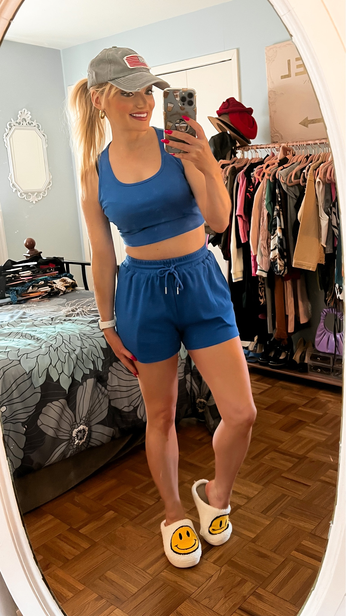 Cobalt blue two piece loungewear set from Amazon Fashion - smiley face slippers - USA flag baseball cap - casual - weekend casual - Amazon finds 

#LTKSeasonal #LTKstyletip #LTKunder50