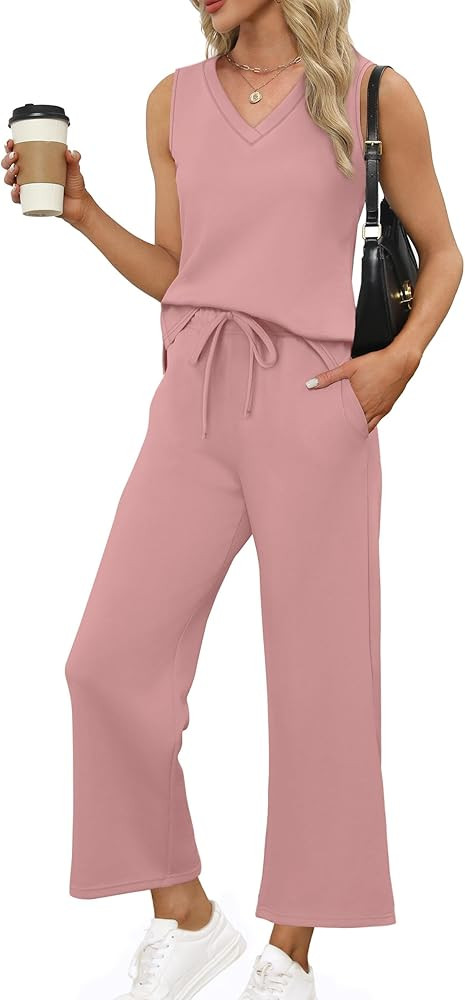 XIEERDUO Two Piece Sets for Women Summer Vacation Travel Outfits V Neck Lounge Matching Sets | Amazon (US)