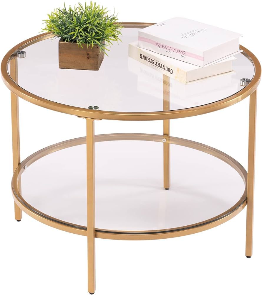 VINGLI 25.6" Round Gold Coffee Tables for Living Room, 2-Tier Glass Top Coffee Table with Storage Clear Coffee , Simple & Modern Center Table for Small Space | Amazon (US)