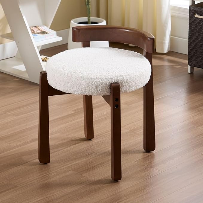 LukeAlon Cute Sherpa Upholstered Vanity Stool, Round Comfy Boucle Makeup Stool with Wooden Legs S... | Amazon (US)