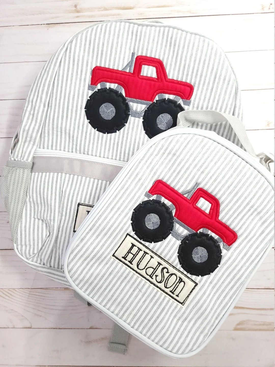 Personalized Monster Truck Seersucker Backpack: Applique Boy's Diaper Bag | Etsy (US)