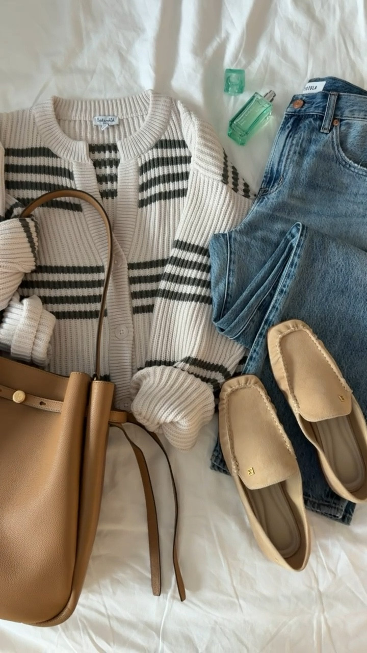 Spring outfit with cardigan, jeans, tory burch large romy bucket bag, suede loafers, fresh fragrance, annabrstyle

#LTKOver40 #LTKootd