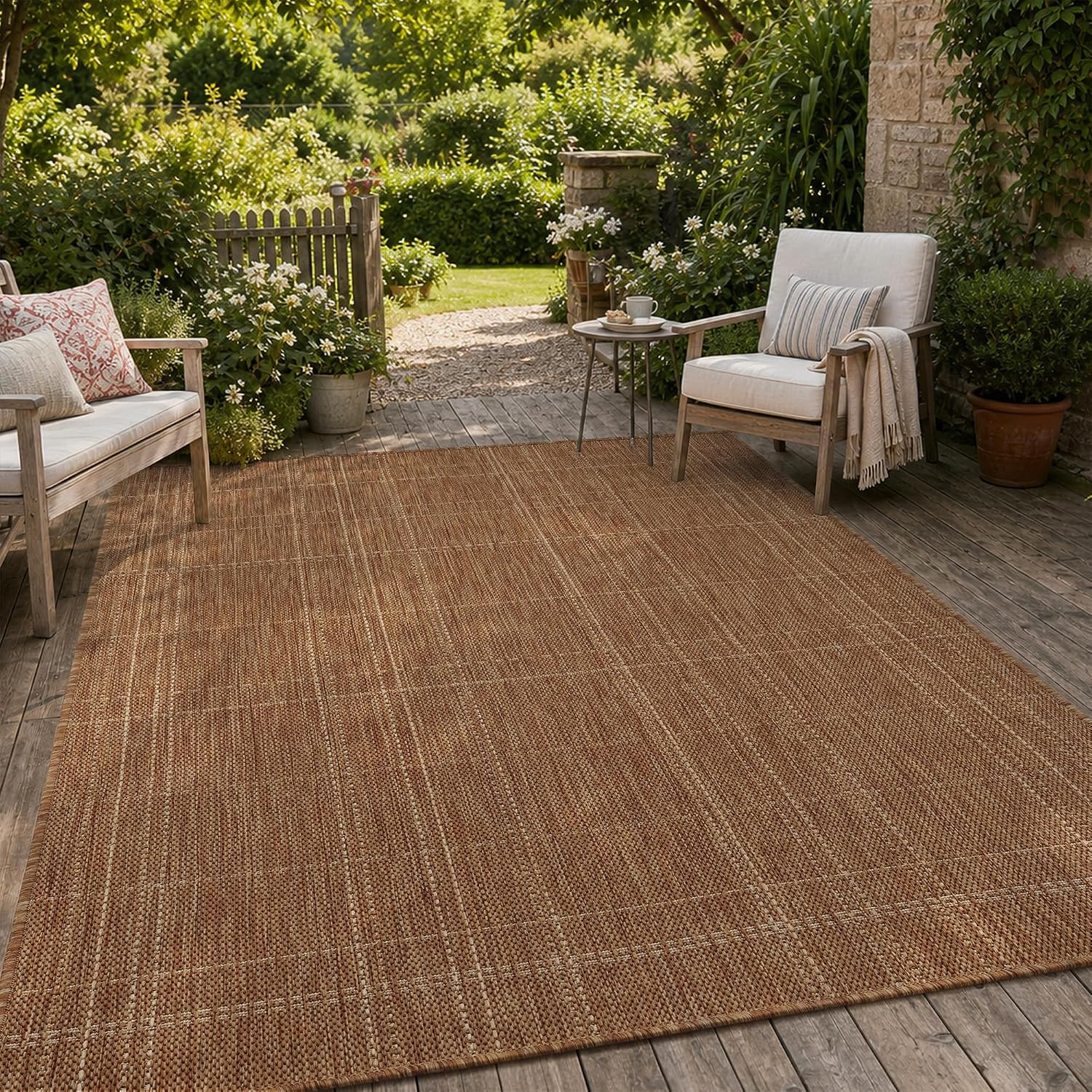 PADOOR-Outdoor Rug-Patio Rug 5x7 ft Polypropylene Indoor Outdoor Rugs Outdoor Carpet for Patio Deck Balcony Porch, Textured Weave, Durable for High Traffic, Fade-Resistant, Farmhouse Neutral Brown | Amazon (US)