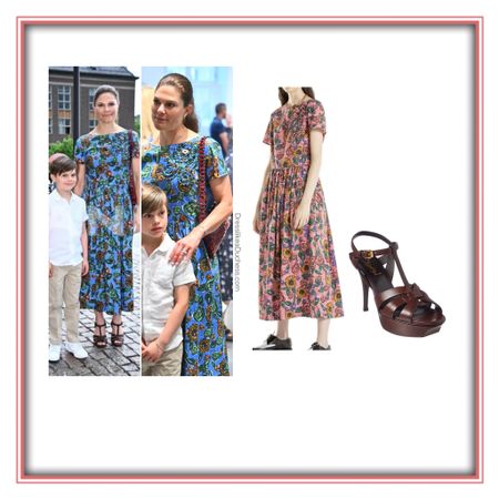 Crown Princess Victoria of Sweden at the Swedish museum of natural history in Alberto Biani floral dress, YSL tribute heels and unidentified beaded bag (June 2024)