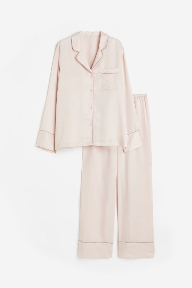 Satin Pajama Shirt and Pants - Powder pink - Ladies | H&M US | H&M (US + CA)
