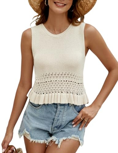 CiCiBird Women Cute Crop Sweaters Vest Knit Sleeveless Pullover Tops Crochet Ruffle Hem Tank Beige S | Amazon (US)