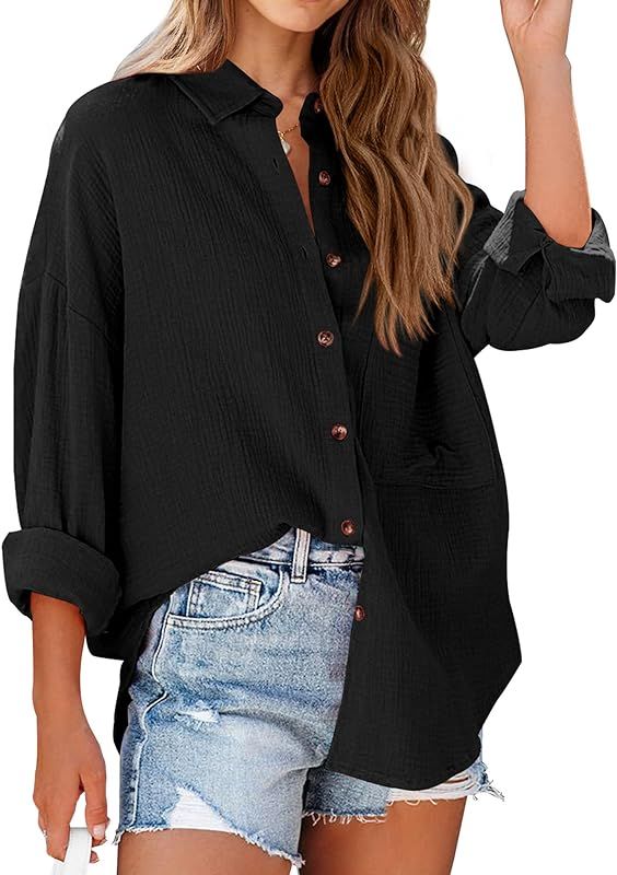 Women Casual Button Down Fall Blouses 2023 Long Sleeve Solid Business Work Tops Cute Relaxed Fit ... | Amazon (US)