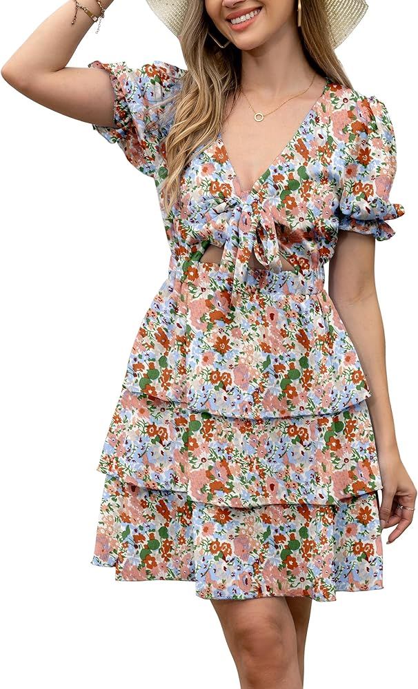 Women's Puff Sleeves Floral Short Dress Tie Front V Neck Short Sleeve Tiered Ruffle Boho Mini Dre... | Amazon (US)