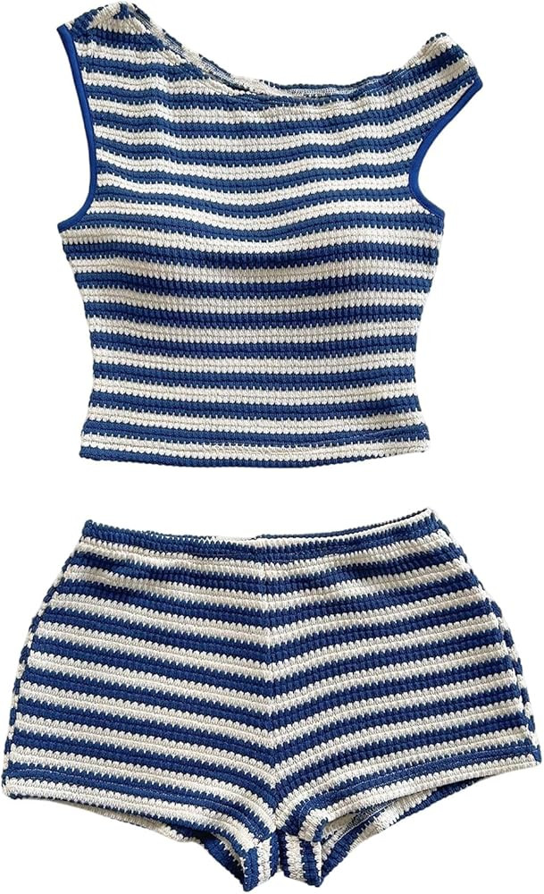 SOLY HUX Women's 2 Piece Striped Off The Shoulder Crop Tops and Mini Shorts Set Summer Y2K Going ... | Amazon (US)