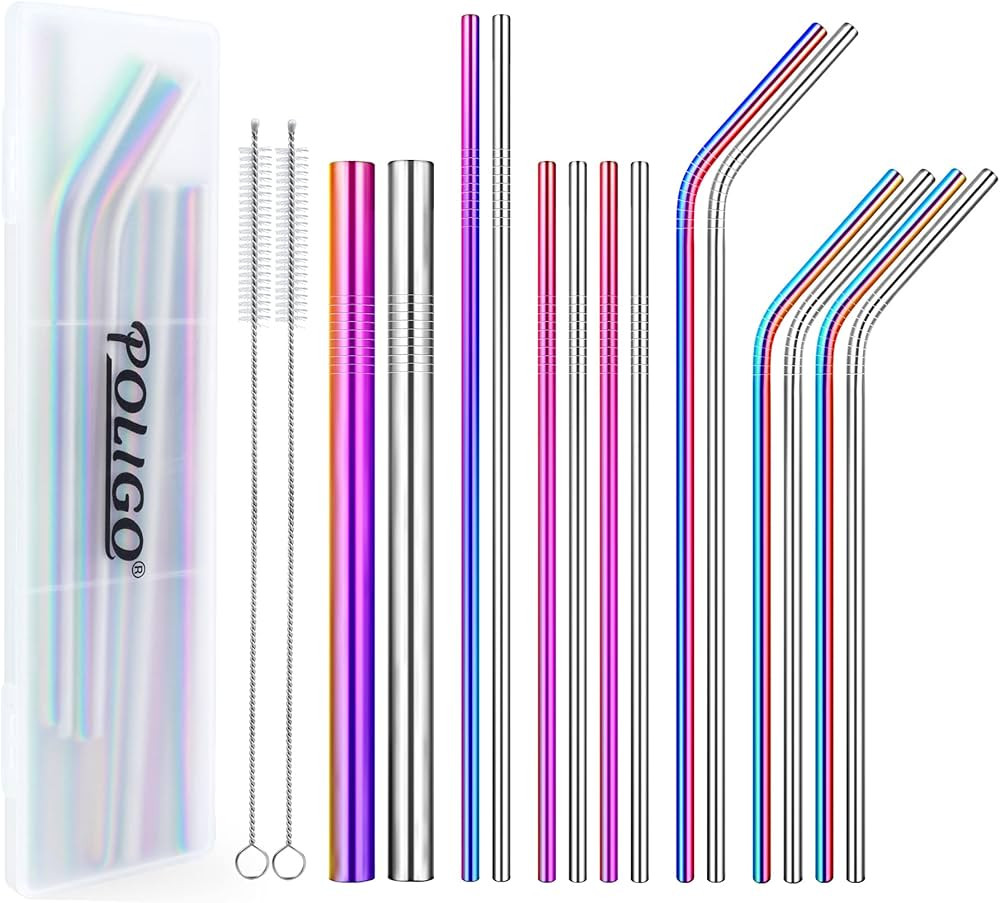 POLIGO 16pcs Reusable Stainless Steel Straws, Colorful Rainbow Drinking Straws, Iridescent Metal ... | Amazon (US)