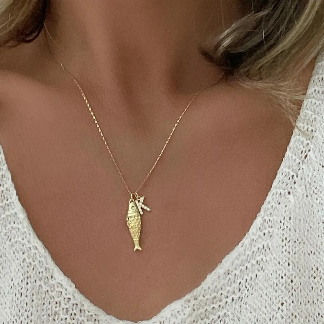 Sardine Fish Necklace, Letter Necklace, Gold Fish Necklace, Pendant Necklace, Handmade Necklace, ... | Etsy (US)