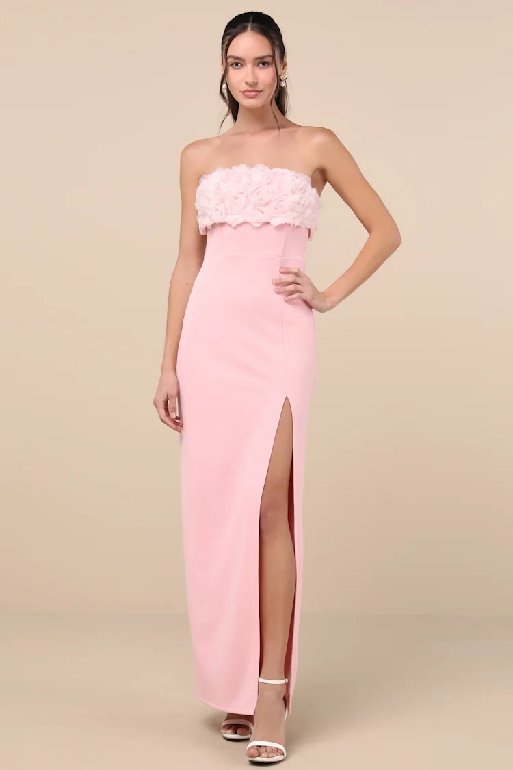 Fiore Light Pink 3D Rosette Strapless Maxi Dress | Lulus