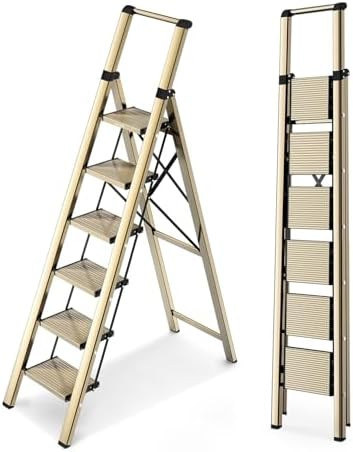 WOA WOA 6 Step Ladder Brown Gold | Reach 10.5 Feet, 7.9 Inch Deep Pedals, Lightweight to Move, Fo... | Amazon (US)