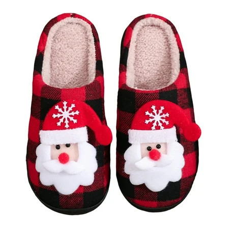 Christmas Plush Slippers for Women Men, Red Black Cozy House Shoes, No-Slip Warm Slippers with Santa Pattern for Xmas Party | Walmart (US)