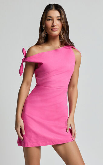 Jeofina Mini Dress - Off The Shoulder Linen Look Dress in Pink | Showpo (US, UK & Europe)