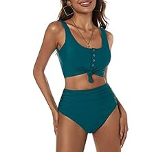ZAFUL Women's High Waisted Bikini Scoop Neck Swimsuit Two Pieces Bathing Suit | Amazon (US)