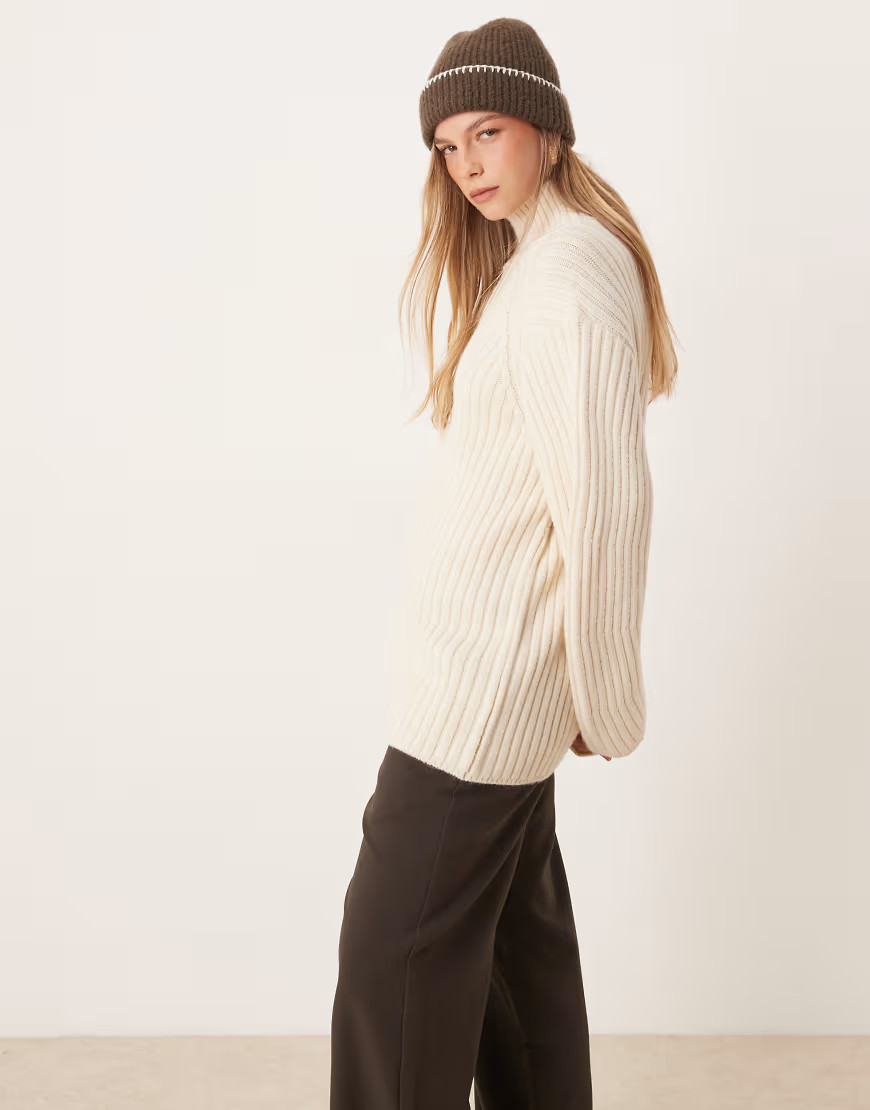 ASOS DESIGN knitted funnel neck jumper with structured sleeve in cream-White | ASOS (Global)