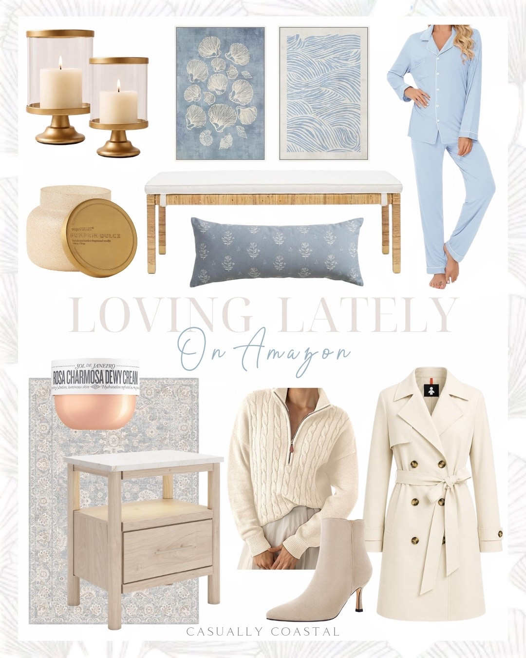 Loving Lately on Amazon 

Amazon home decor, coastal home, coastal decor, coastal wall art, coastal rug, Amazon rug, Amazon pajamas, Amazon coat, Amazon sweater, Amazon nightstand, Amazon candle, Amazon booties, double breasted belted trench coat, marble top nightstand, sol de janeiro Rosa charmosa dewy cream, gold hurricane holder, quarter zip sweater, fall sweater, framed abstract coastal art, Amazon decorative throw pillow, woven rattan bench, coastal bench, blue cream neutral area rug, button up pajamas, kitten heel booties, capri blue glam jar candle, down alternative lumbar pillow insert, Varley pullover

#LTKHome