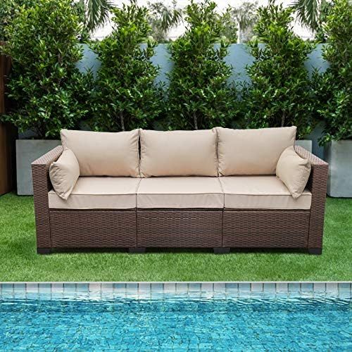 Amazon.com: Patio PE Wicker Couch - 3-Seat Outdoor Brown Rattan Sofa Seating Furniture with Non-S... | Amazon (US)