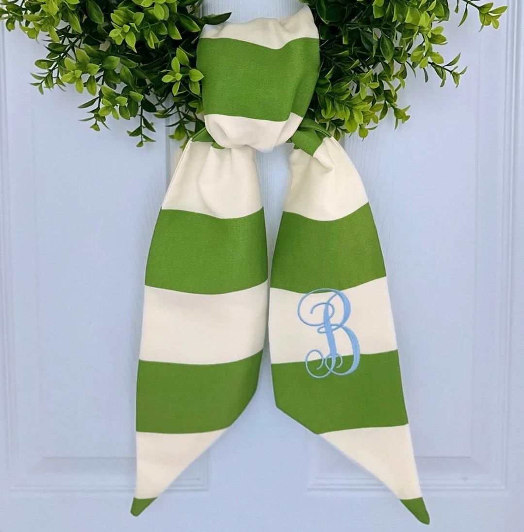 Spring green stripe monogram wreath sash for front door, personalized embroidered Easter wreath s... | Etsy (US)