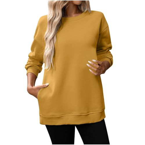 Womens Lightweight Sweatshirt, Women Sweatshirt with Pockets Plain Crewneck Long Sleeve Pullover Fall Winter Fleece Tunic Shirts Hoodless Hoodies Sweater Yellow | Amazon (US)