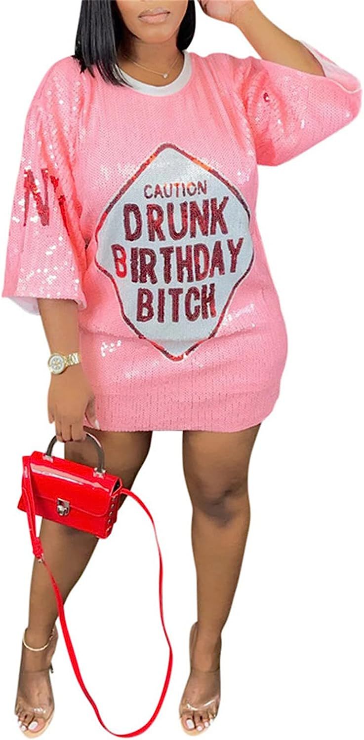 Womens Sequin Glitter Shirt Dress - Sexy Floral Letter Print 3/4 Sleeve Mini Dresses for Party Cl... | Amazon (US)