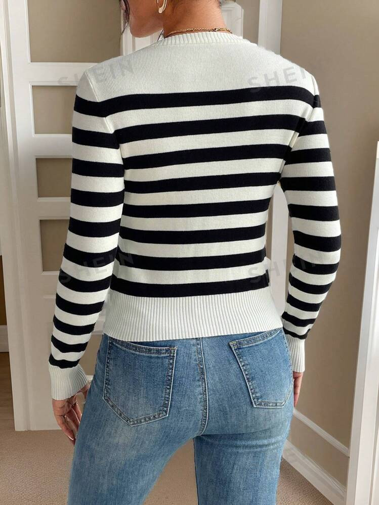 SHEIN Frenchy Striped Pattern Ribbed Knit Sweater | SHEIN USA | SHEIN