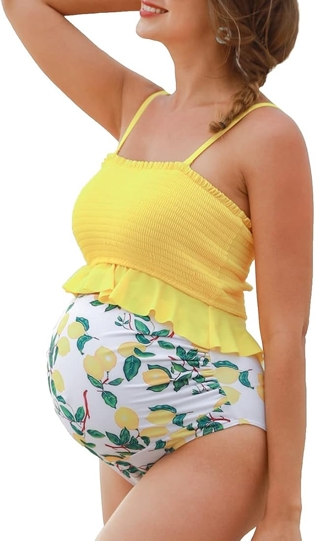 Summer Mae Maternity High Waist Swimsuit Ruffle Hem Bikini Bathing Suit Shirred Bandeau Two Piece... | Amazon (US)