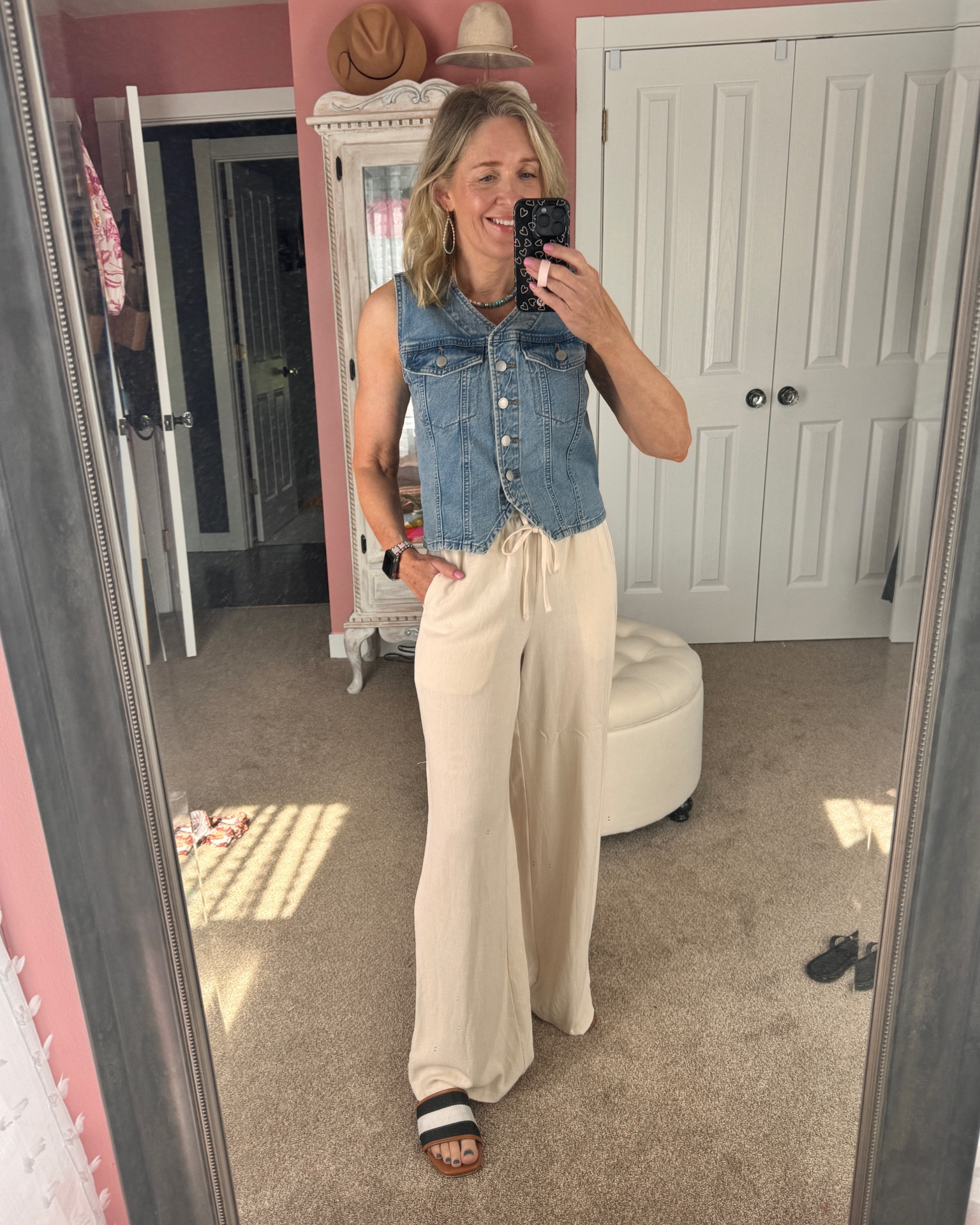 Affordable summer outfit. Denim vest from Target (size up), linen blend pants from Amazon. 

Target fashion, Target finds, Target Fashion Finds; summer outfit, 
summer outfit, affordable fashion 
#sandals #vest

#LTKFindsUnder50 #LTKStyleTip #LTKSeasonal