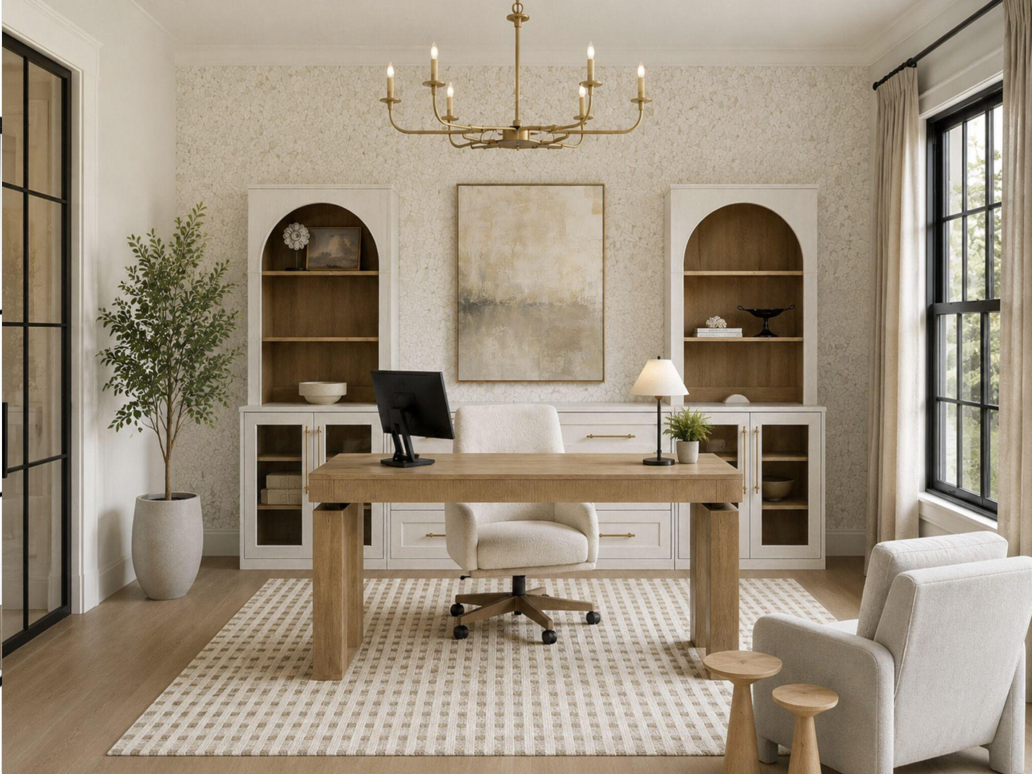 A home office that makes you want to sit down and get things done! Beautiful wood tones, soft neutrals, built-ins, and lighting that creates the perfect balance of cozy and productive. Linking similar pieces below! 

 #LTKHome