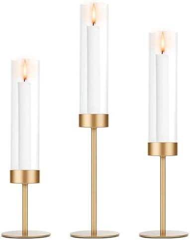 Tall Candle Holders Set of 3, Hurricane Glass Taper Candlestick Holders for Wedding, Christmas De... | Amazon (US)