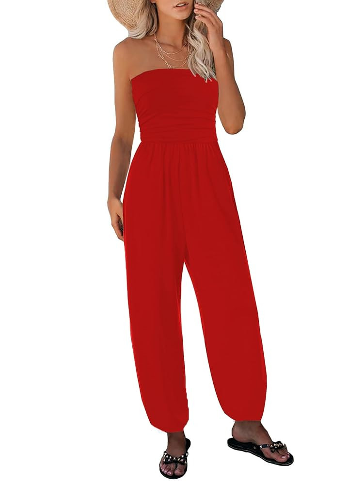 Women’s Tube Top Jumpsuits Strapless Belted Wide Leg Bustier Jumpsuit Backless Baggy Long Pants... | Amazon (US)