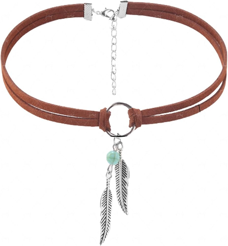 Boho Feather Turquoise Leather Choker Necklace for Women Bohemian Handmade Leaf Layered Black Bro... | Amazon (US)
