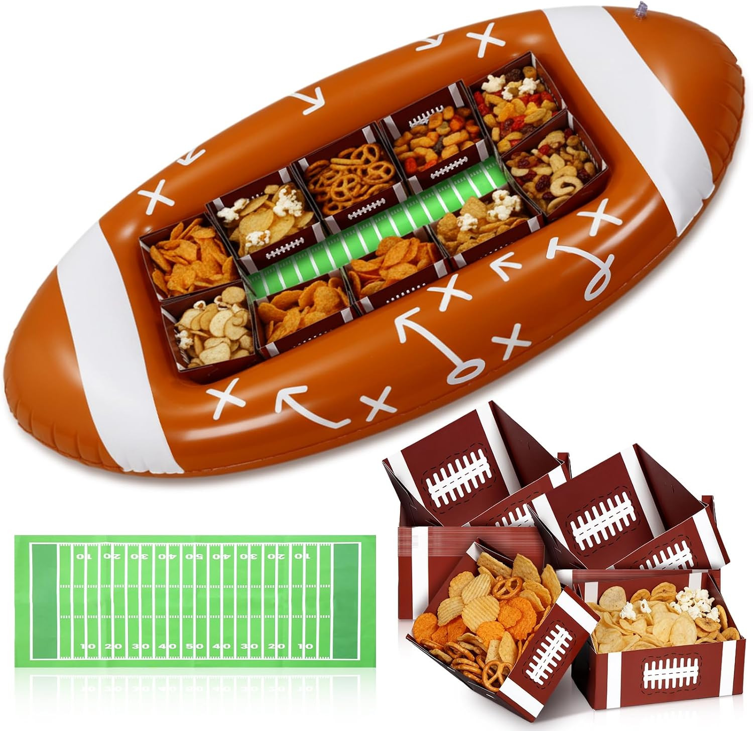 FoldTier Football Party Supplies 53.1 x 25.5 Inch Large Football Inflatable Snack Bowl with 10 Paper Serving Food Trays Tailgate Stadium Bowl for Birthday Party Decoration Family BBQ Picnic and Sports | Amazon (US)