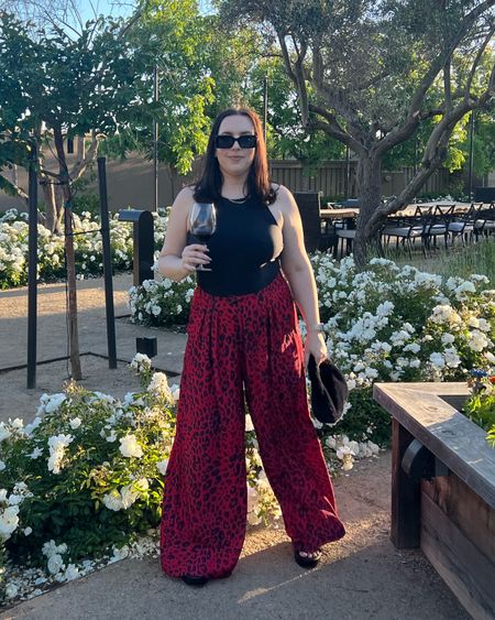 What to wear in wine country / Napa outfit / wine tasting outfit / leopard trousers / red trousers / summer outfit / flatform slides / travel outfit 

#LTKTravel #LTKMidsize #LTKShoeCrush