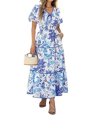 PRETTYGARDEN Summer Dresses for Women 2025 V Neck Puff Short Sleeve A-Line Floral Flowy Long Maxi... | Amazon (US)