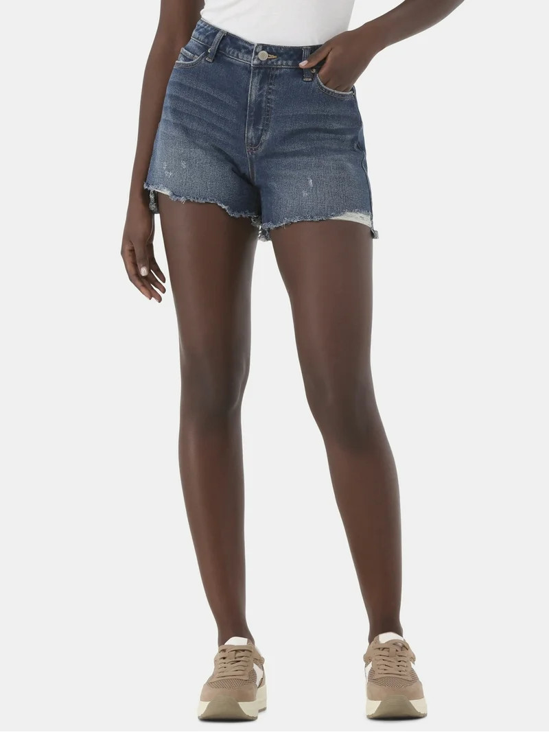 Time and Tru Women's Destructed Hem High Rise Denim Shorts, 4" Inseam, Sizes 0-20 | Walmart (US)
