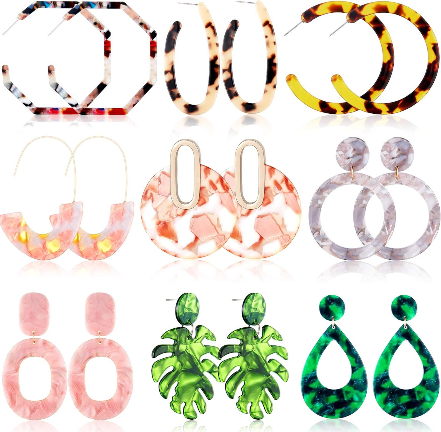 9 Pairs Mottled Acrylic Hoop Earrings Resin Stud Earrings Bohemian Statement Stud Drop Dangle Ear... | Amazon (US)