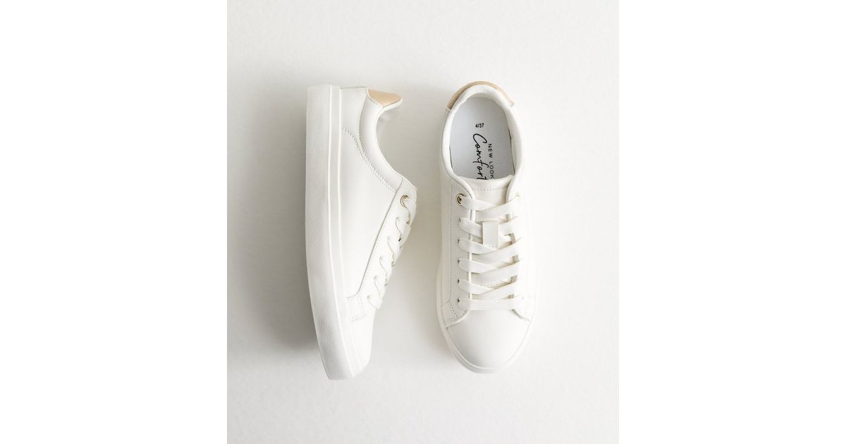 White Faux Leather Contrast Heel Tab Trainers | New Look | New Look (UK)