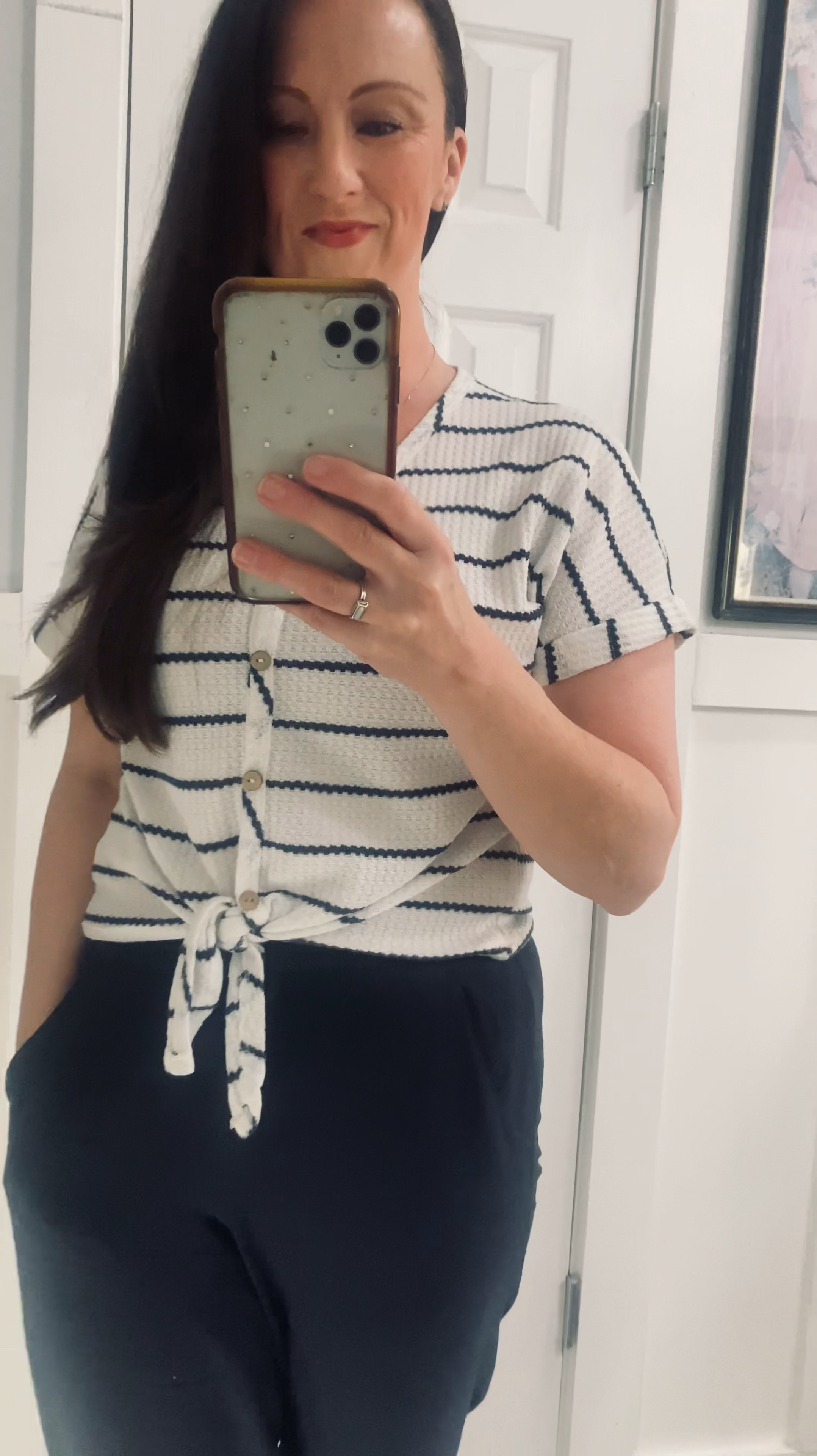 Easy weekend spring fashion. Soft high waisted joggers by H&M. Short sleeve navy & white stripe sweater by Loft. Leather slides by Sarah Flint. Lipstick is Intrigue by Henne Organics. Vacation outfit. 

#LTKStyleTip #LTKOver40 #LTKSeasonal