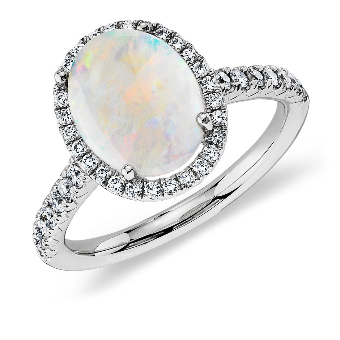 Opal and Diamond Halo Ring in 18k White Gold (10x8mm) | Blue Nile | Blue Nile