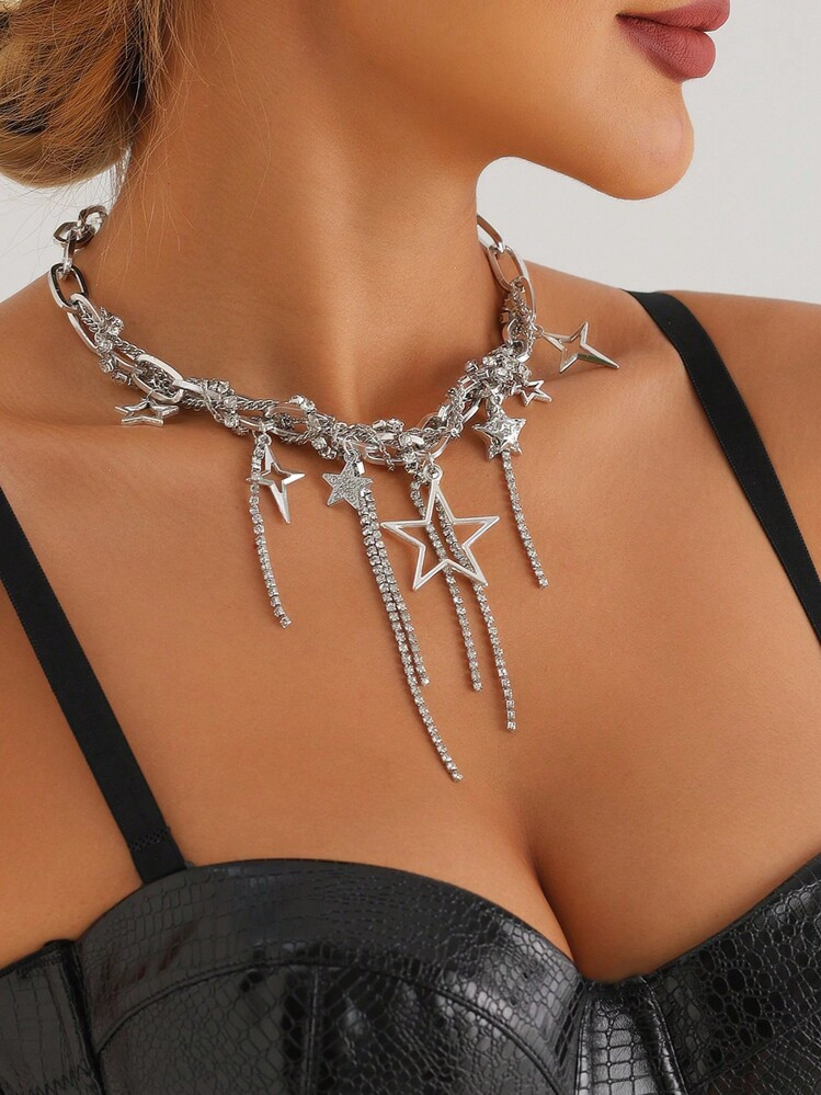 1pc Y2K Sparkly Rhinestone Wrapped Five-Pointed Star Pendant Tassel Necklace, Suitable For Party,... | SHEIN