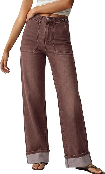 luvamia Wide Leg Jeans for Women Cuffed Hem Adjustable Waist Denim Pants | Amazon (US)
