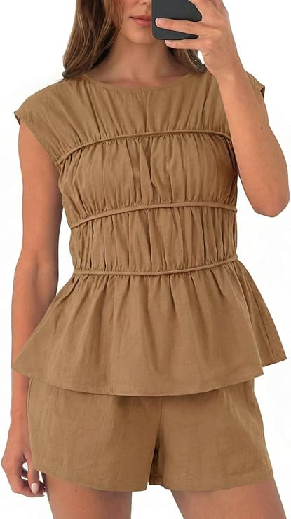 Tankaneo Womens Summer Smocked 2 Piece Short Sets Cap Sleeve Babydoll Peplum Blouse Casual Matchi... | Amazon (US)