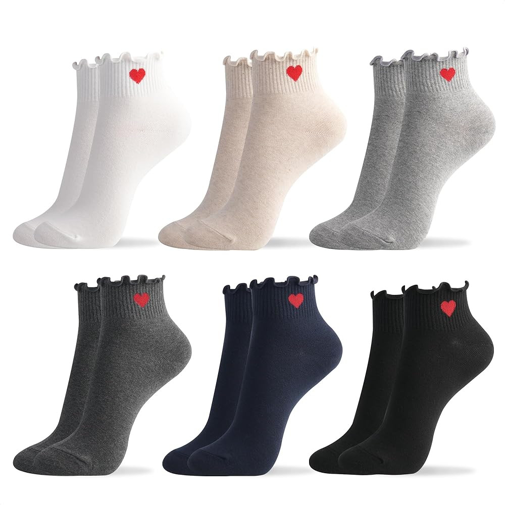 Amazon.com: Kikiya socks Women Cute Ankle | 6 Pairs Ruffle Design with Red Heart Print Lovely Fri... | Amazon (US)