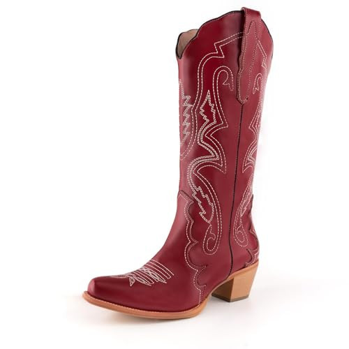 Gradinery Red Cowboy Boots for Women, Pull On Cowgirl Boots, Embroidered Mid Calf Western Boots Chunky Heel Retro Country Boots Red 10 | Amazon (US)