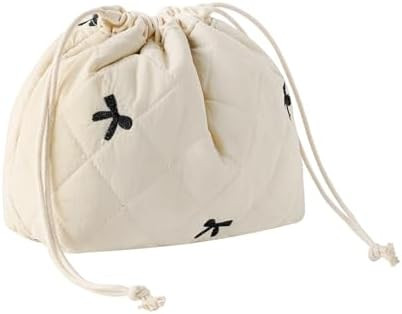 Cotton Quilted Drawstring Makeup Bag with Canvas Lining,Coquette Aesthetic Cute Travel Toiletry B... | Amazon (US)